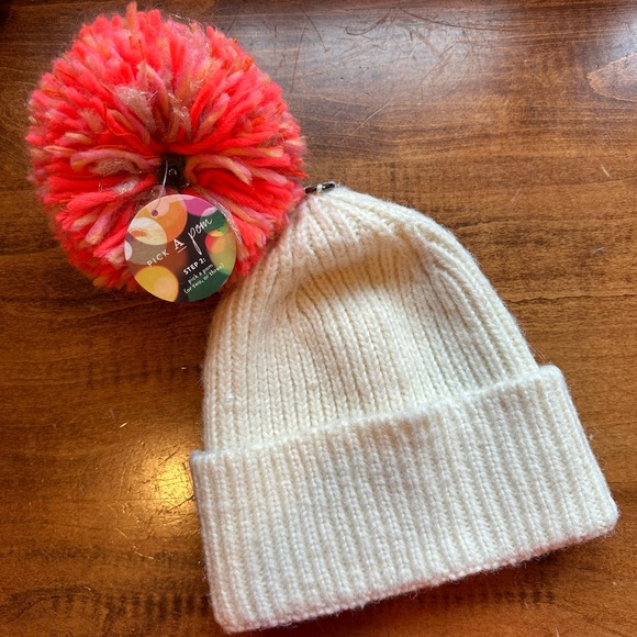 Anthropologie Pick-a-pom White Beanie with Pink Pom - Picture 3 of 6